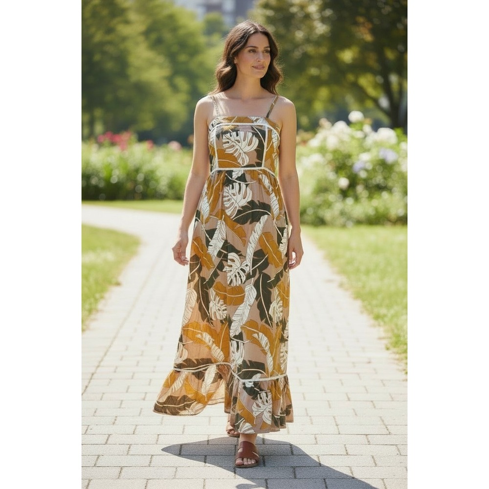 Sincerely Jules Tropical Palm Leaf Maxi Dress XL Mustard Tan Smocked Tiered Boho